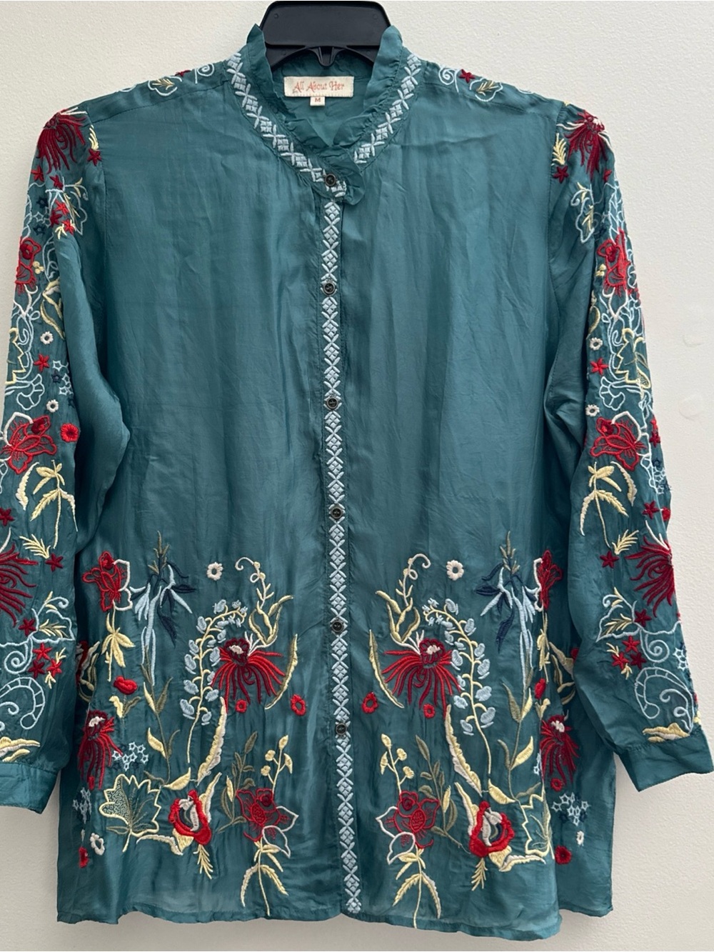 All About Her Embroidered Long Sleeve Button Down Tunic Sz MD Teal Floral Boho